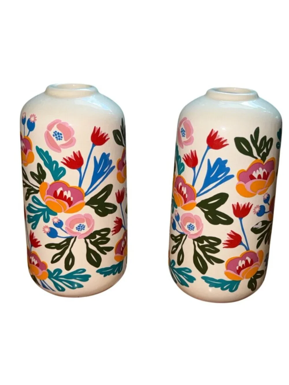 Two Nordic Floral 6 inch Vases-Cream-Multicolor-GUC